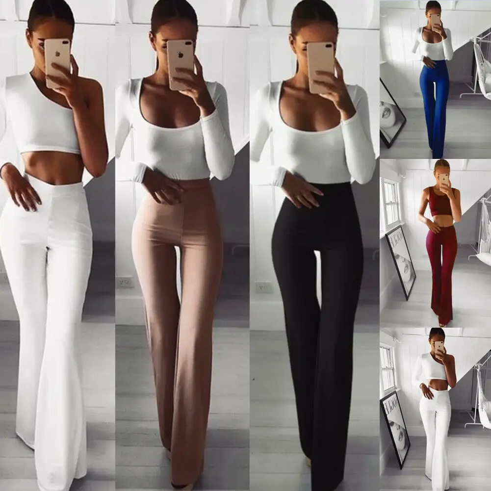 

Women Retro Flared Pants Plain Solid Color High Waist Buttons Casual Wide Leg Trousers Work OL Pants Plus Size