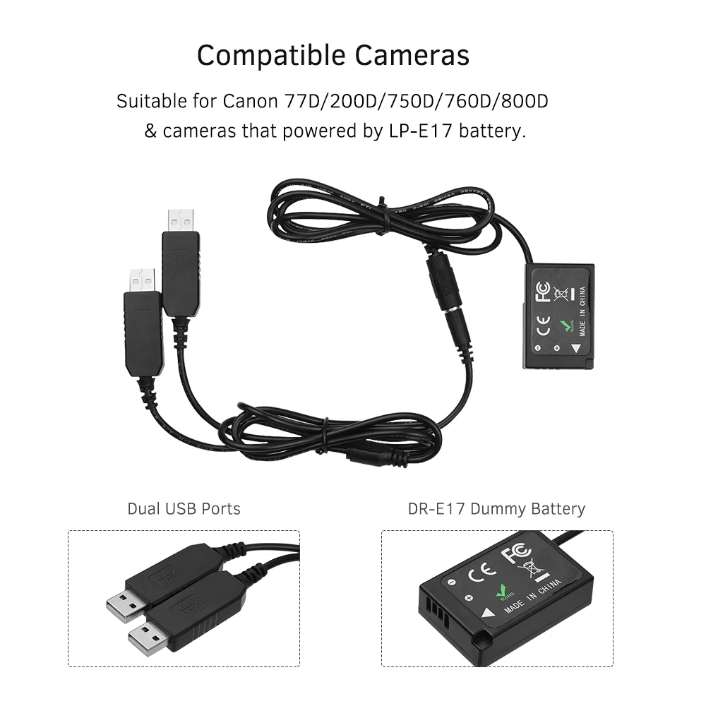 Andoer Dual USB Power Adapter DC Coupler Replacement DR-E17 Dummy Battery Pack for Canon 77D 200D 750D 760D 800D Cameras