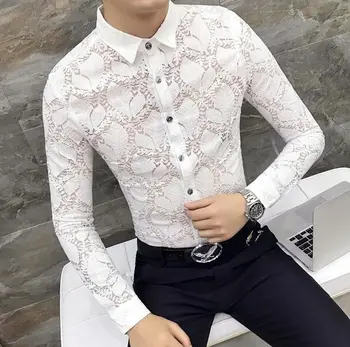 

Novelty Autumn new personality Men's Lace stylist nightclub tide long sleeved shirt Male Fashion slim Shirts Tops 3 Color M-3XL