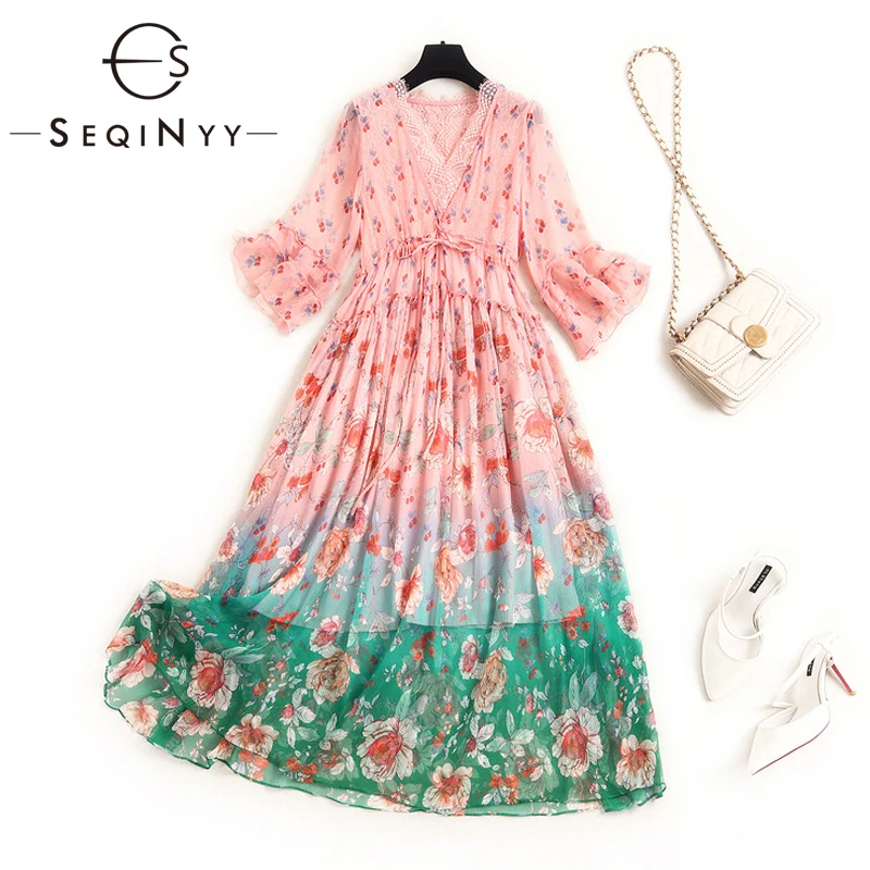 

SEQINYY Silk Dress 2020 Summer Spring New Fashion Design Women V-neck Sweet Pink Green Flowers Print Elegant XXL Midi Dress