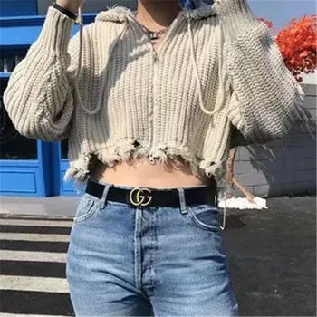 

Women's Chic black knitting Cardigan Sweater Zipper tassel design Autumn Women Sweaters