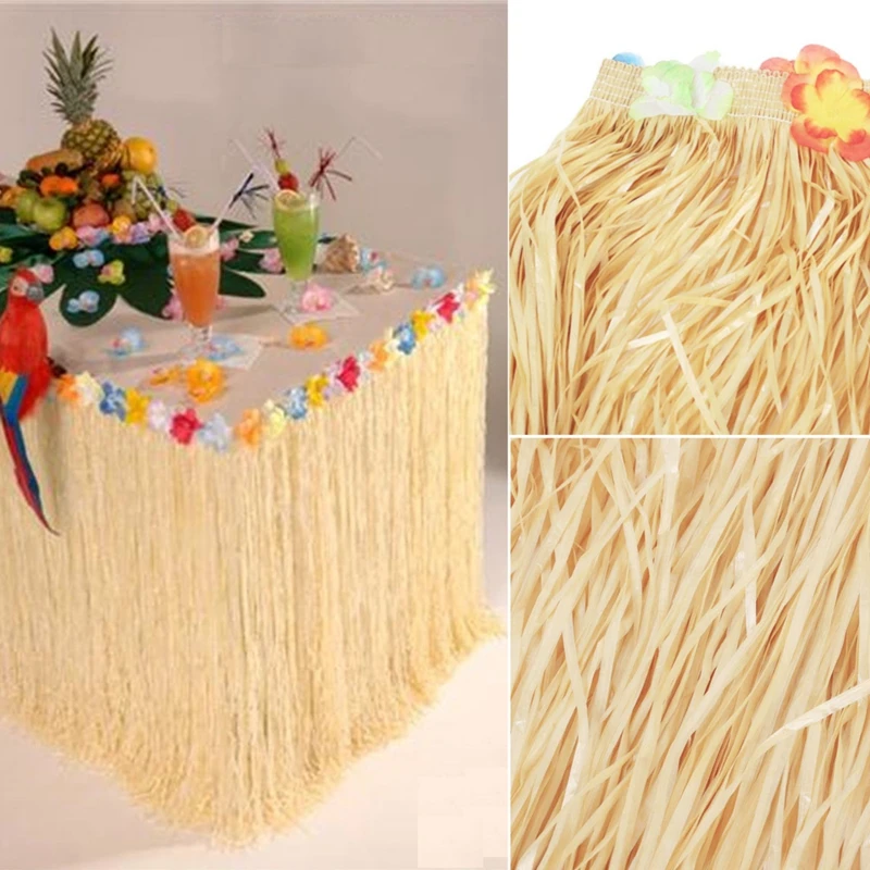 Hawaiian Luau Beige Flower Grass Garden Beach Party Table Skirt Cover Decor