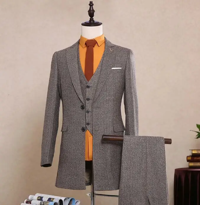 Длинное пальто твид мужской костюм slim fit 3 шт костюмы Повседневный деловой пиджак Свадебный Выпускной ужин костюм жениха(куртка+ брюки+ жилет