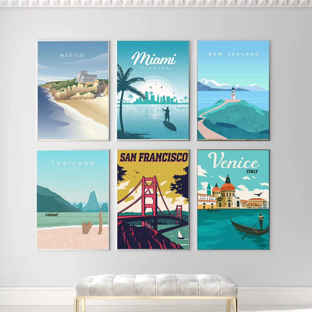 

Hd Print Canvas Art Painting New Zealand Miami Florida Mexico Venice Travel City Vintage Landscape Posters Wall Art Picture