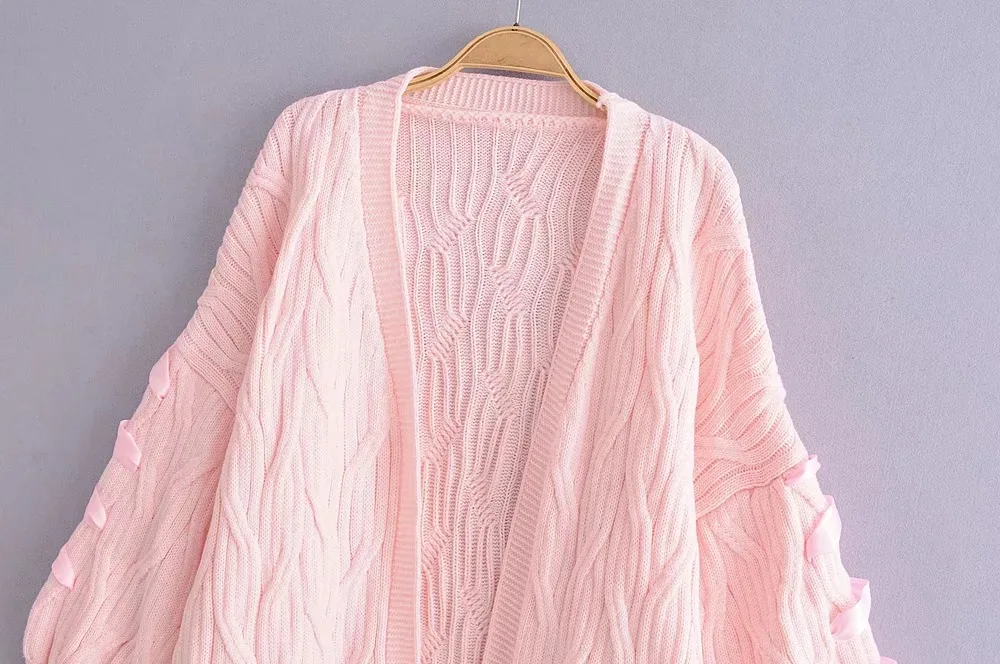 

Jiaji-9380 WOMEN'S Dress New Style Sweater Lace-up Linen Flower Color Lantern Sleeve Loose-Fit Cardigan Sweater Women's
