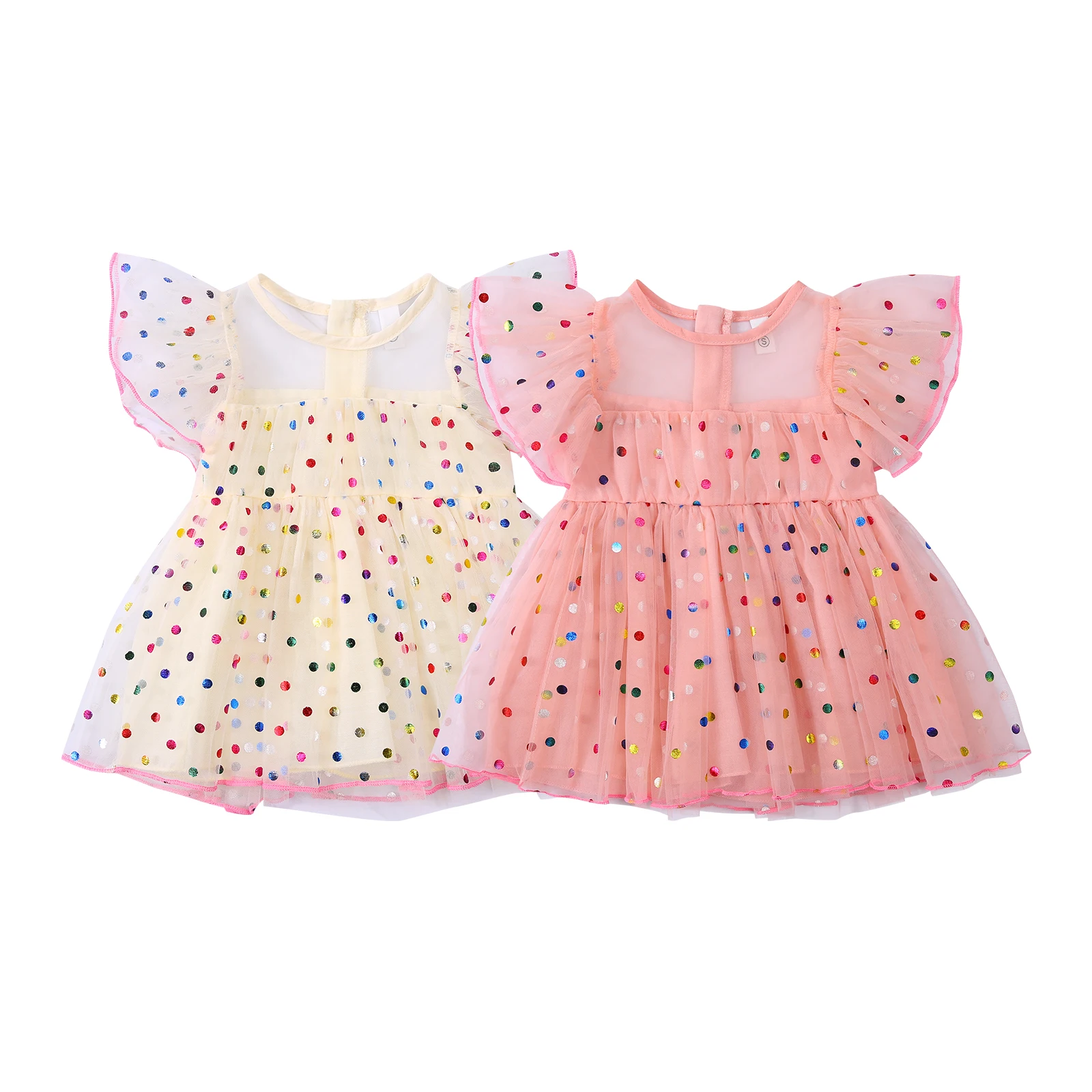 Citgeett Summer Infant Baby Girls Short Sleeves Mesh Dress Colorful Polka Dot Pattern Printing Ruffle Clothing