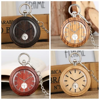 

Wooden Watch Bronze Ebony Quartz Fob Watches Open Face Rough Chain Pendant Clock Unique Mens Pocket Watch Gifts Relogio De Bolso