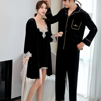 

Gold Velvet Couple Pyjamas Sexy Velour Women Robe Sets Men Top Trousers Pajama Suit Wedding Morning Gown Home Service