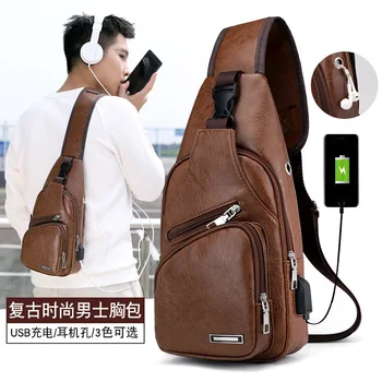 

New Style Men's USB Charging Chest Pack Casual Retro PU Shoulder Bag Men Outdoor Riding Sports Shoulder Bag