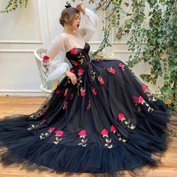

Eightree Sexy Prom Dresses Sweetheart Lace Appliques Formal Evening Dress Long Puff Sleeve Evening Party Gown Robe de Soiree