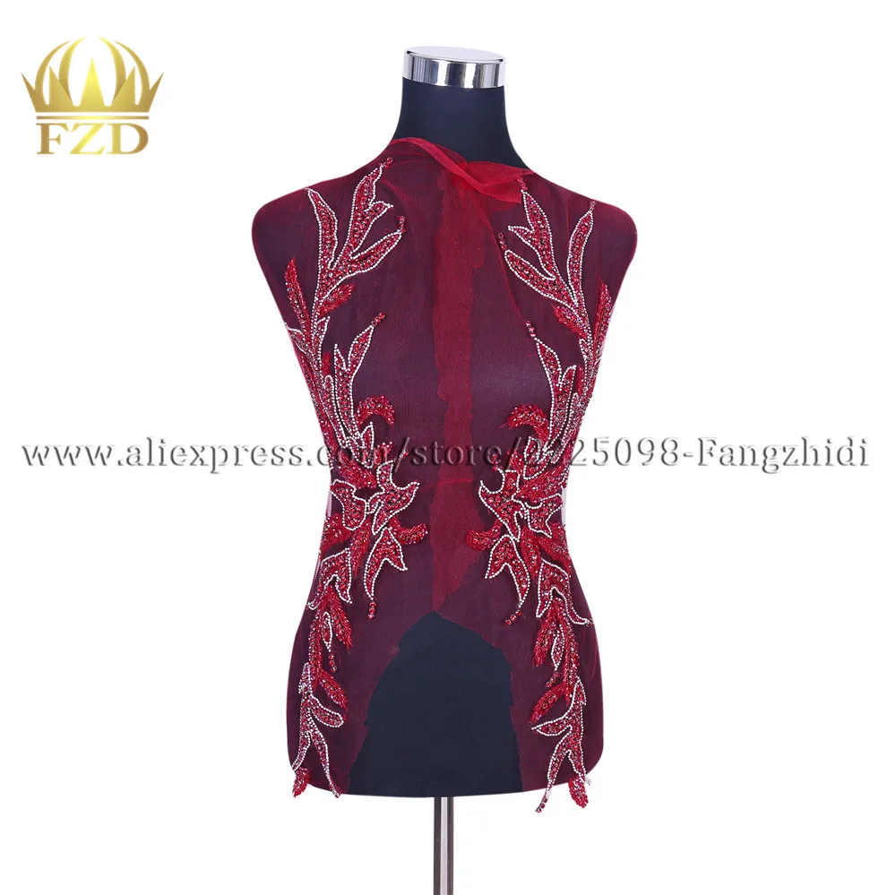 

FZD 5 Pair Handmade Red Beaded Applique Rhinestone Patches for Wedding Party Gown Dress DIY Bridal Applique With Gauze