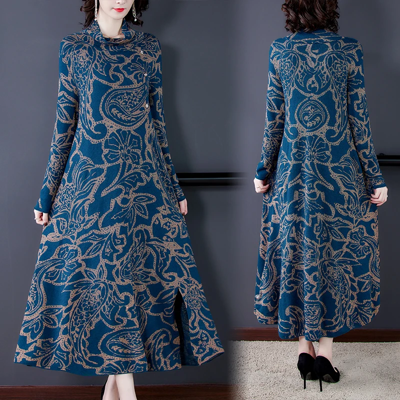Blue Print 3XL Plus Size Turtleneck Wool Sweater Dress 2020 Autumn Winter Vintage Casual Knitted Sweaters Elegant Women Vestido