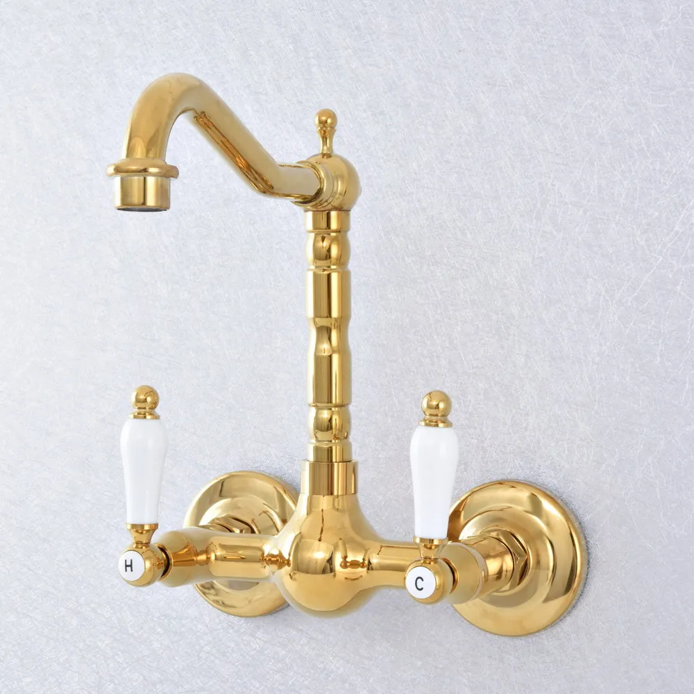 

Luxury Gold Brass Wall Mounted Kitchen Faucets Bathroom Basin Sink Faucet 2 Handle Hot Cold Water Mixer Tap