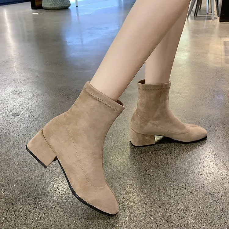 

2019 Autumn And Winter New Style Korean-style Dull Polish Sleeve Short Boots WOMEN'S Socks Boots Square Head Chunky-Heel Breatha