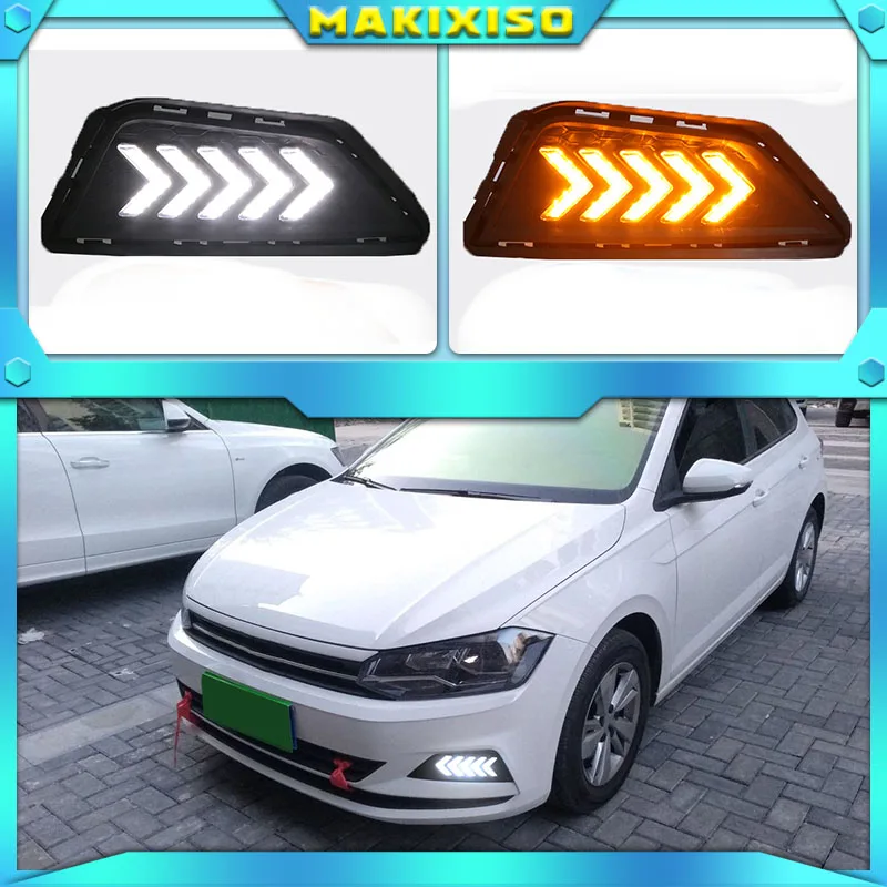 

For Volkswagen vw Polo 2019 LED DRL Daytime Running Lights Fog Lamp Dynamic Yellow Turn Signal Lamp