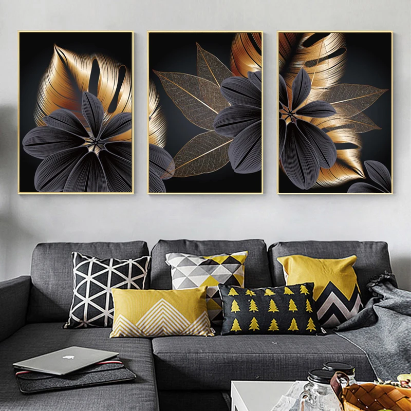 

Abstract Luxury Blossom Flower Leaf Canvas Painting Wall Picture for Living Room Plant Wall Art Nordic Black Copper Poster Decor