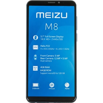 

Smart Phone Meizu M8 M813H 64 GB 4 GB black 3G-4G 2Sim 5.7 "LTPS 720x1440 and8.0 12Mpix 802.11 a/b/g/n/a