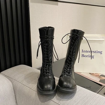 

Ladies Mid Boots 2020 Autumn Winter New Fashion European Style Black Ankle Boots Women Flat Black Lace-up Boots