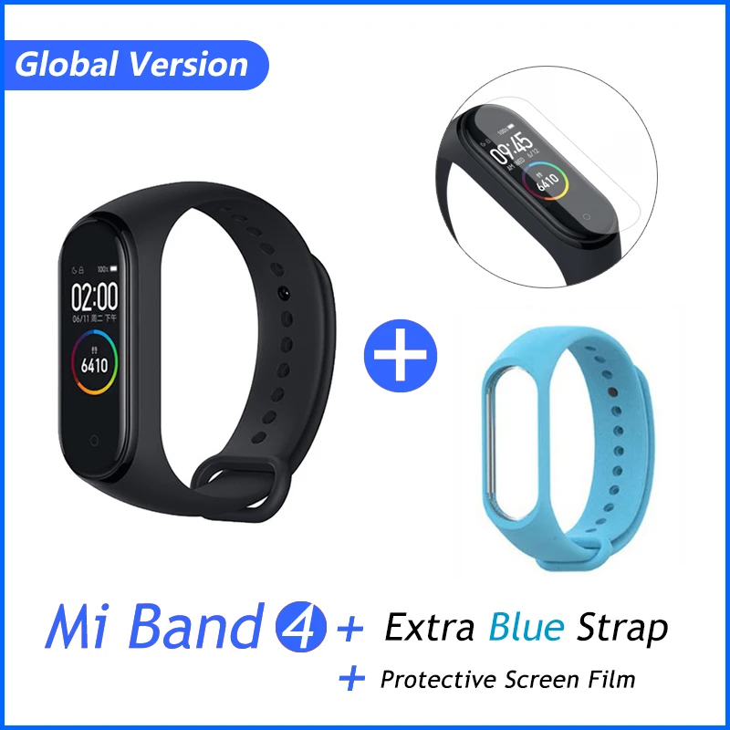 Новейший Xiaomi mi-браслет 4 Smart mi Band 4, браслет, пульсометр для фитнеса, 135 мА/ч, цветной экран, Bluetooth 5,0 - Цвет: GB blue film