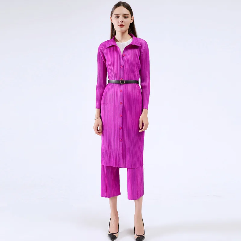 

Plus Size Dress For Women 45-75kg Autumn 2020 Turn Down Collar Long Sleeved Single Breasted Elastic Miyake Pleated Shirt Dresses