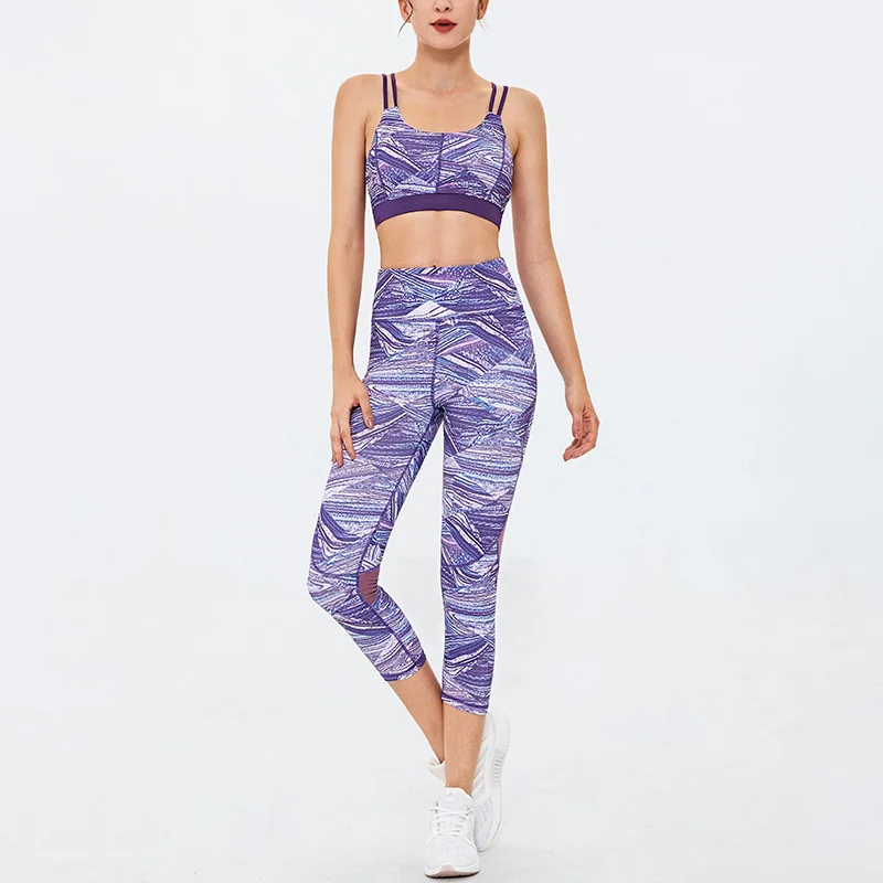 Womens Yoga Suit 2 Piece Workout Sports Bra and Leggings Set Sports Wear for Hit Color Women Gym Tracksuit