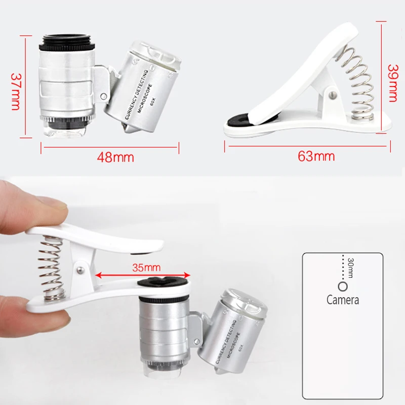 60X LED Smart Phone Microscope Currency Detecting Microscope Universal Clip Mobile Magnifier LED UV Light f/ Gem Identification