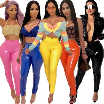 

Hot Sexy Womens Stretch High Waist Pencil Pants Skinny PU Leather Long Solid Sexy Slim Club Party Casual pants F247