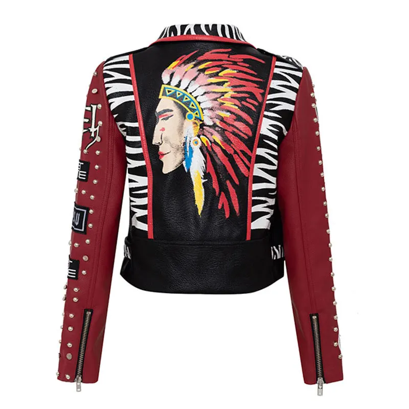 

Indian Cultural Pattern Faux Leather Short Jacket Women Punk Style Graffiti Studded Rivet Fashion High Waist Motorcycle Jacket