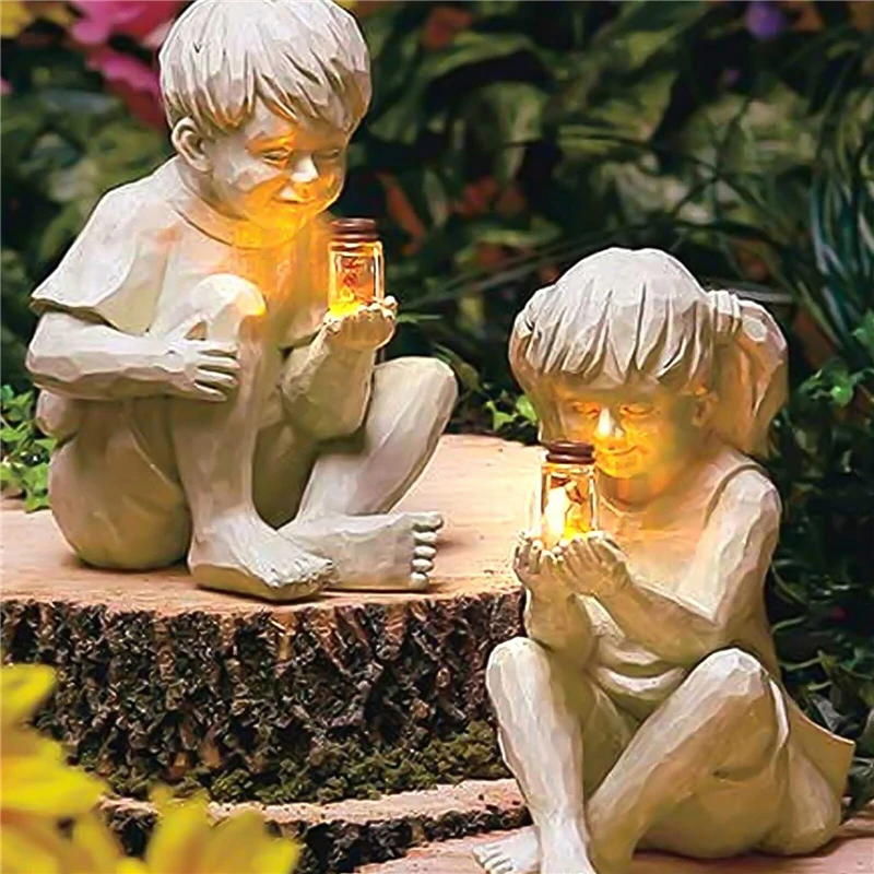 Children Statue Garden Ornament Decorative Solar Lighted Resin Craft Boy Girl Sculpture Landscaping Lawns Yard Pond Decor | Дом и сад