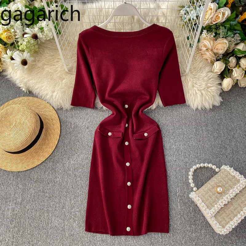 Gagarich Women Retro Knitted Dress Midi Thin Buttons Double Pockets Single Breasted Bodycon Stretch Ladies Dresses 2020 | Женская одежда