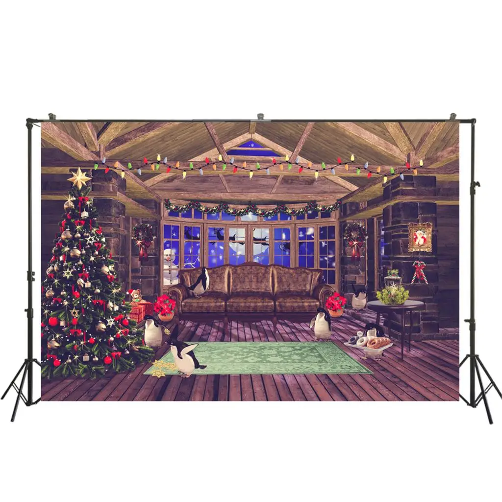 

Christmas Backdrop Tree Xmas Party Photography Backdrop penguin warm home rustic wood house rural Background Photo Studio props