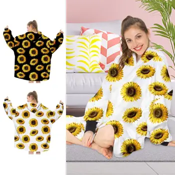 

Wearable Hooded Blanket Sunflower Printed TV Blanket WITH Large Front Pocket Autumn Winter Warm Sofa Lazy Hoodie Blanket
