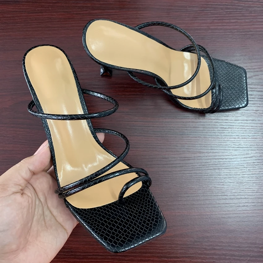 Summer Women Square Toe Sandals Ladies snake print strappy mules 10.5CM High Heels Slippers Female Fashion Woman Shoes