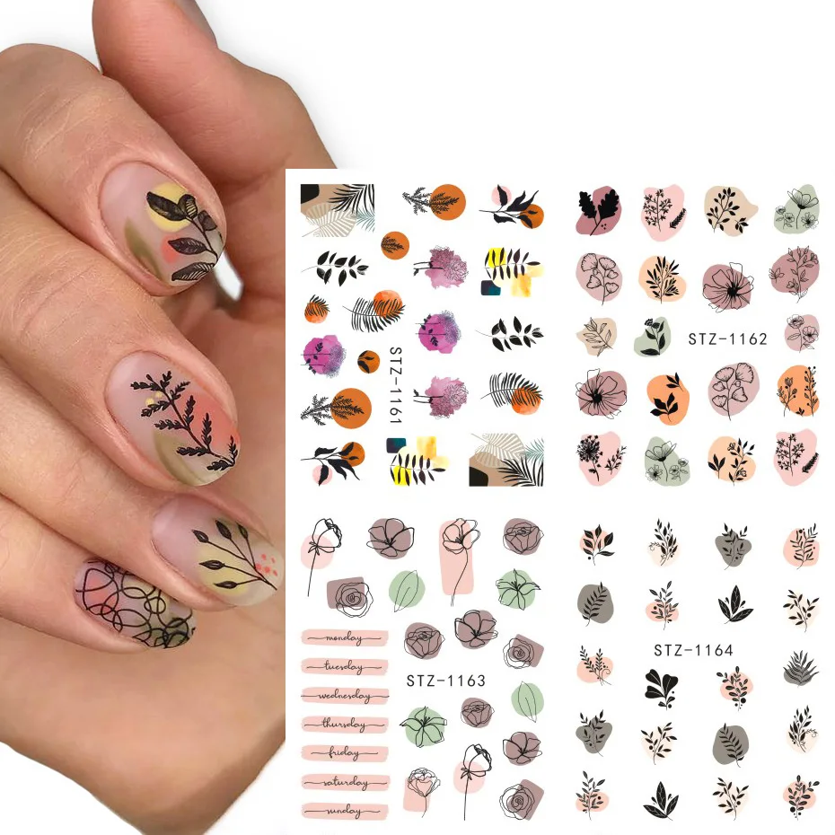 Nail Stickers Nail Art Decoration Nail Decals 4pcs/Set Leaf Flowers Water Nail Decals Stickers Abstract Floral Sliders Manicure Nail Art Decorations for Summer TRSTZ1137-1180