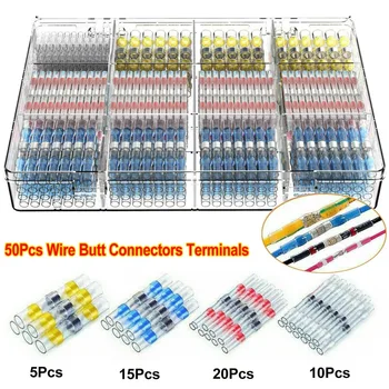 

50pcs Electrical Splice Terminals Solder Seal Sleeve Heat Shrink Butt Waterproof Wire Terminals Connectors Kit Assortment