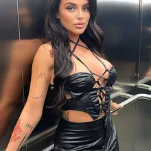 

Y2k Crop Top Leather Women's Corset Top Sexy Camisole Tank Top Summer Lace Up Tops Hollow Halter Top Fairy Grunge Black Crop Top
