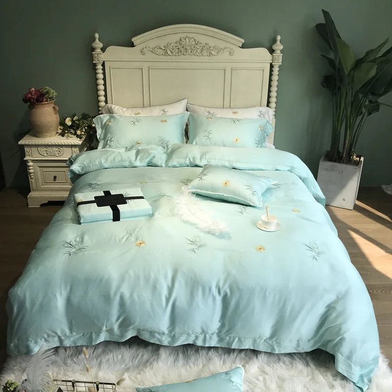 

ANNAs Good Stuff 80 Branch Tencel Two-sided Ice Silk Countryside Style Bedding Set Green Quilt Cover Pure Color Silky Bedsheet 4