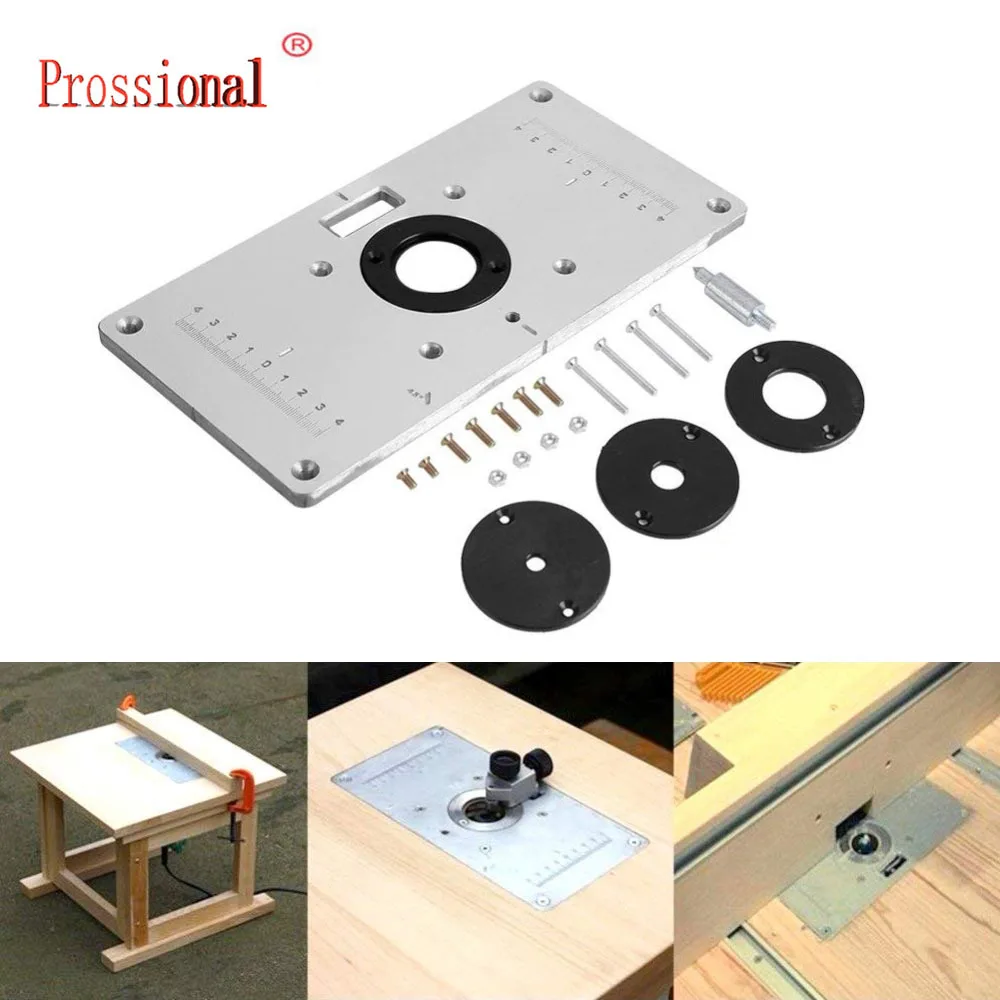 Router Table Insert Plate, 9.3''x4.7''x 0.3'' Aluminum Router Table Insert Plate with 4 Rings and Screws for Woodworking