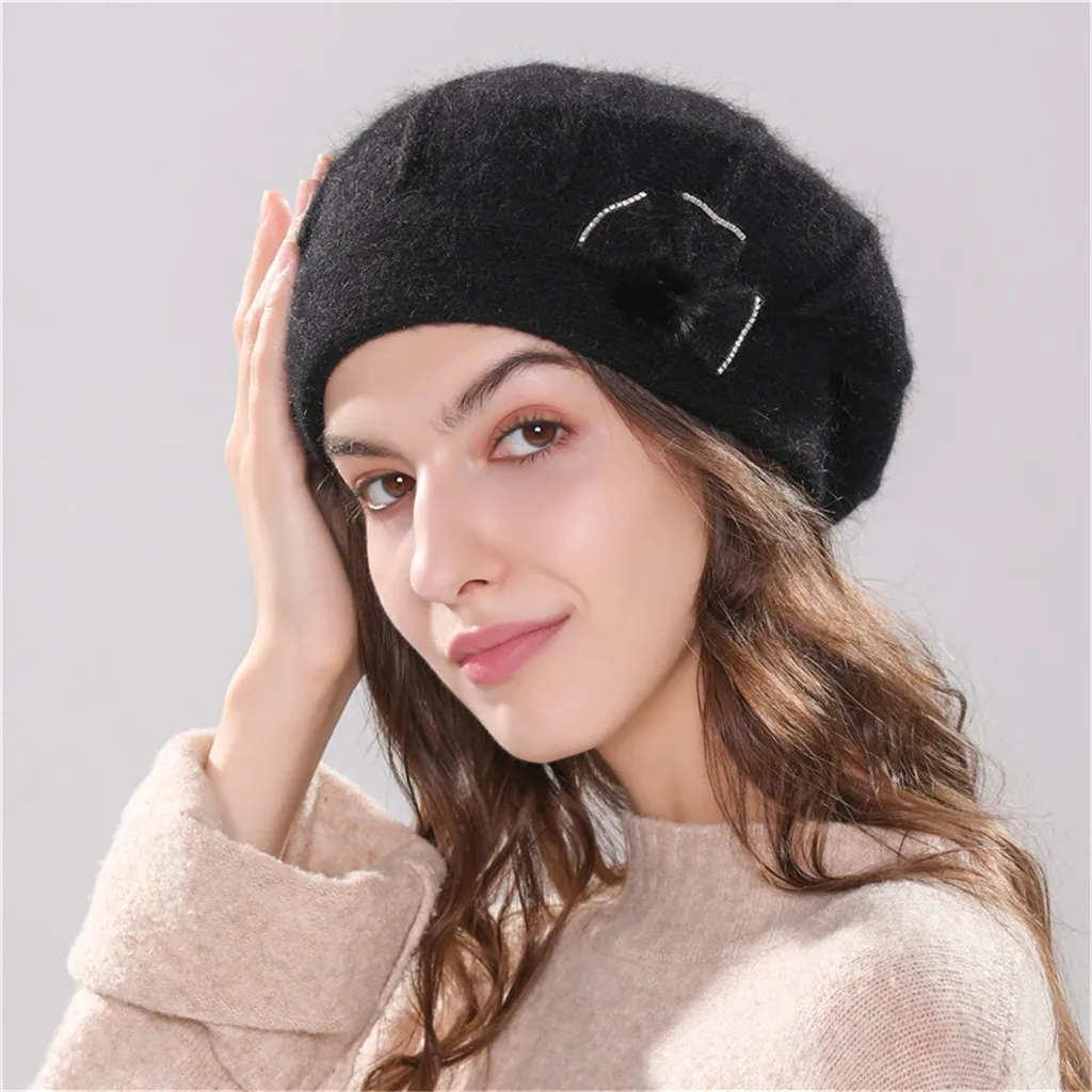 Женский берет, теплая вязаная крючком Зимняя шерстяная Вязанная женская зимняя шапка, берет, Женская мода d90916