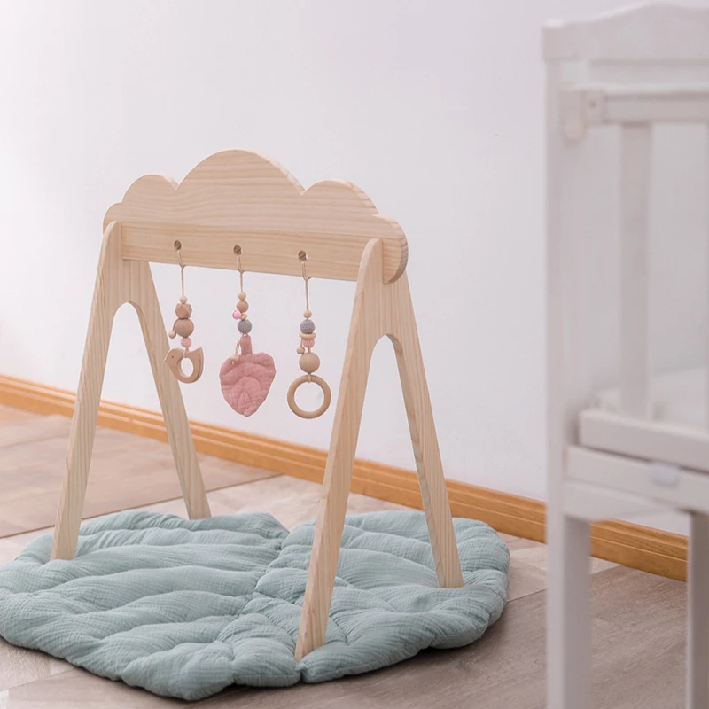 Baby Wooden Teether Gym Play Toys Cotton Leaves Mat Natural Wooden Rodent Stroller Chain Hanging Baby Toy Mobile Bed Holder Gift