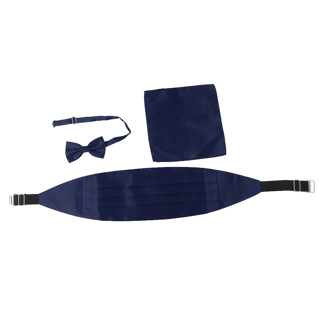  3pcs Men's Satin Bow Tie Cummerbund Hanky Handkerchief Deep Blue