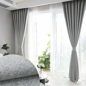 

Cotton and linen curtains blackout velvet linen curtain cloth living room finished Nordic curtains modern simple blackout cloth