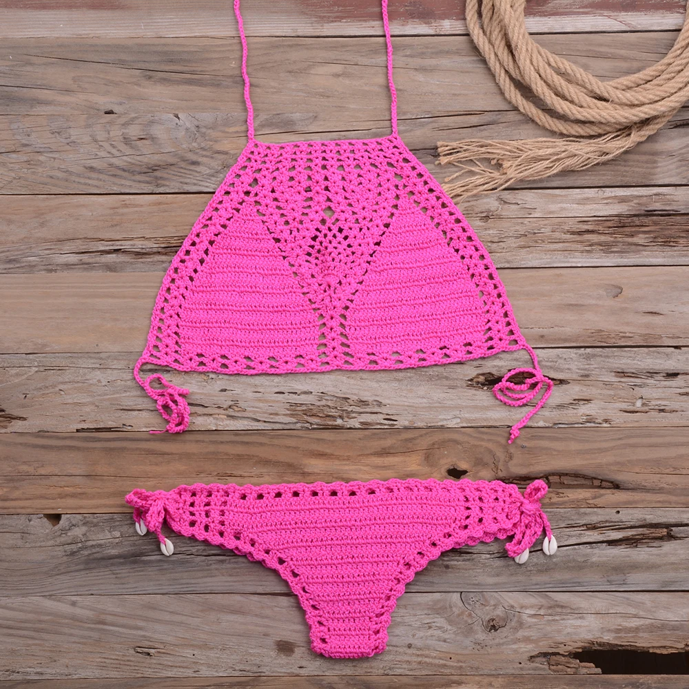 Women Sexy Micro Bikini Set G Thong String Lattice Hollow Bikinis Top Crochet Beach Swimwear Bathing Beachwear Set