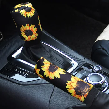

LEEPEE 2pcs/set Car Hand Brake Stitching Cover Gear Shift Knob Boot Cover Flower Print Automobile Parking Brake Decoration Decor