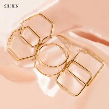

SHIXIN 3 Pair Big Hoop Earrings Set Large Polygon/Square/Round Earrings for Women 2020 Fashion Circle Earring Jewelry Girls Gift