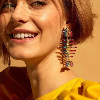 

2020 Newest Fish Bone Multicolor Crystal Big Earrings For Women Female Exaggerated Fashion Ear Jewelry
