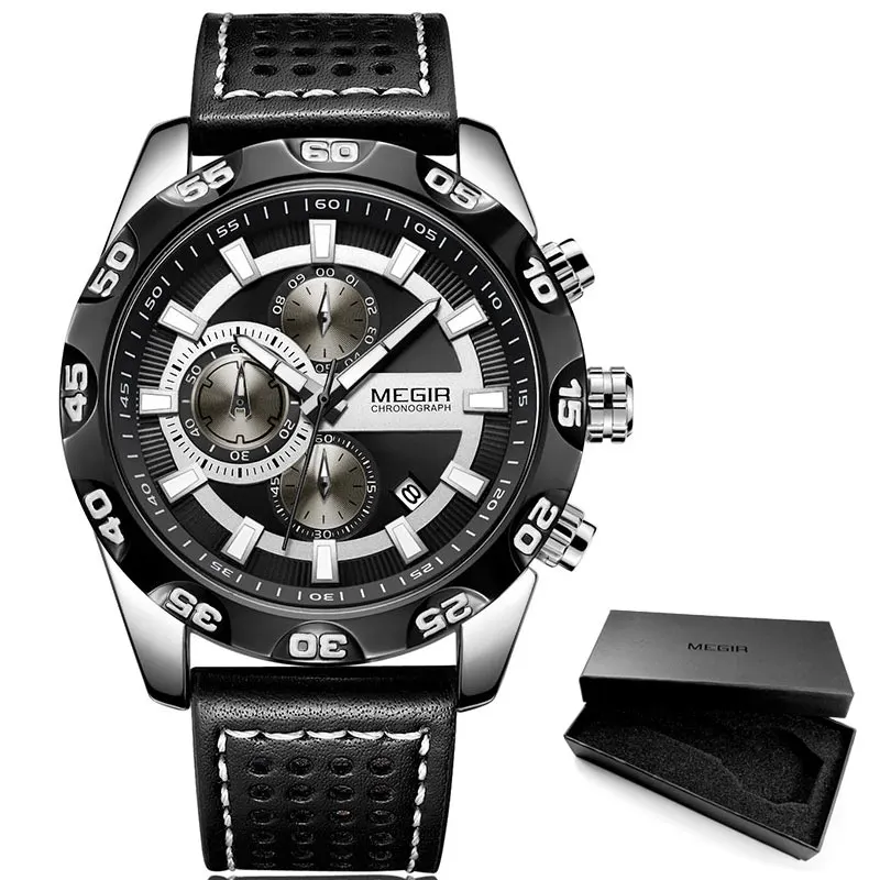 Megir мужские военные спортивные часы с кожаным ремешком Топ бренд хронограф 3 бар водонепроницаемые светящиеся наручные часы мужские 2096G белые - Цвет: ML2096G-Black