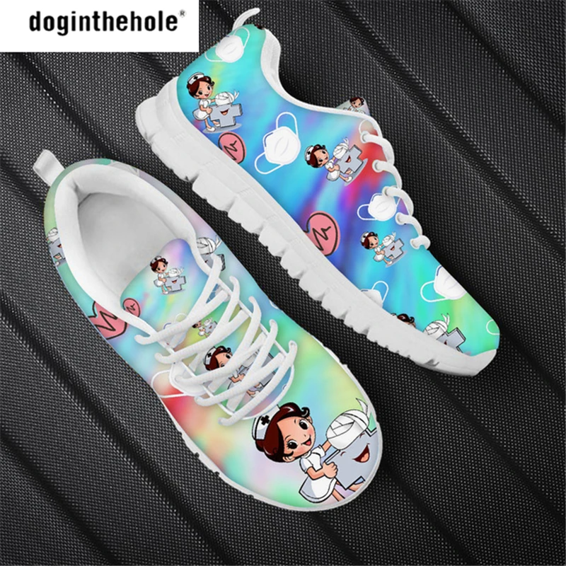 

Doginthehole Nurse Girl Deign Flat Shoes for Ladies Rainbaw Breathable Lace Up Sneaker for Hiking Fashion Casual Female Footwear