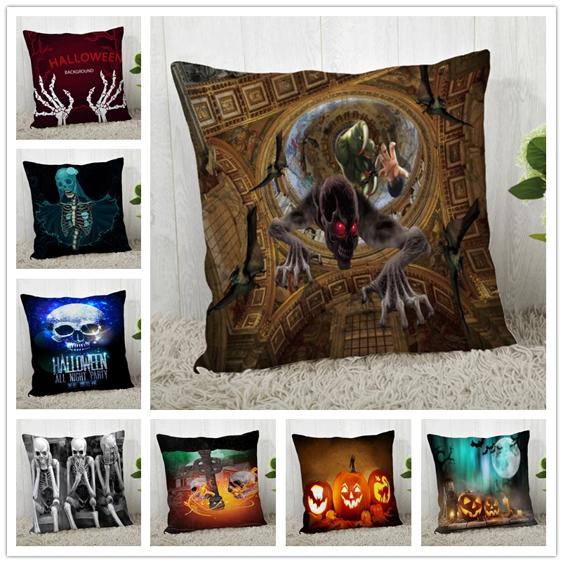 

45X45cm,40X40cm(one sides)Skull Pillow Case Modern Home Decorative Pumpkin Halloween Pillowcase For Living Room Pillow Cover