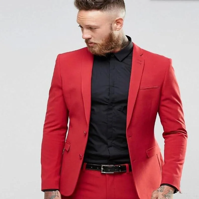 

Custom Made Red Mens Suits Two Buttons Groom Tuxedos Groomsmen Wedding men Party Dinner Best Man Suit Blazer (Jacket+Pants+Tie)